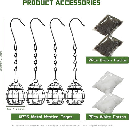 4PCS Bird Nesting Material Holder with 4PCS Nesting Cotton - Rust-Resistant Metal Hanging Nesting Balls for Outdoor Garden, Patio, Tree - Ideal for Hummingbirds, Finches, Canaries & Other Small Birds