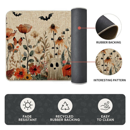 Artoid Mode Ghost Jack-O'-Lantern Pumpkin Flowers Halloween Kitchen Mats Set of 2, Low-Profile Home Decor Kitchen Rugs for Floor - 17x29 and 17x47 Inch