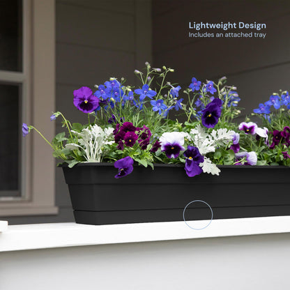 Bloem Dura Cotta 24" Plastic Window Box Planter with Saucer Tray: Indoor/Outdoor, for Window Sill, Ledge, & Tabletop, Black