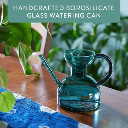 Modern Sprout Plant Watering Can - Handcrafted from Borosilicate Glass - Long Spout Vessel for Indoor Plants - 32 Oz Capacity - Multipurpose Watering Can and Flower Vase for Houseplants (Teal)