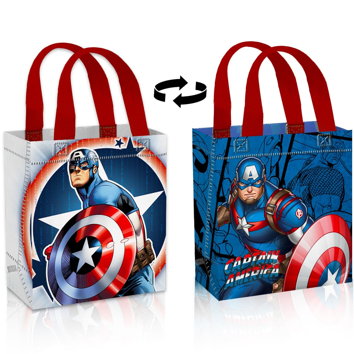 Captain America Party Favor Bags Set – 24 Pack 8" Marvel Goodie Bags for Kids Bulk Reusable Mini Totes | Avengers Captain America Birthday Party Supplies
