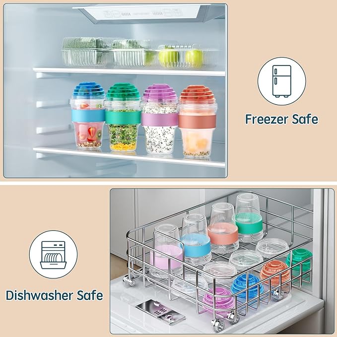 4 Pack Yogurt Parfait Cups with Lids Reusable, 20 oz Plastic Overnight Oats Containers with Lids Spoons Granola Compartment for Fruit Nuts, To Go Overnight Oat Jars for Oatmeal, Snack, Breakfast Prep