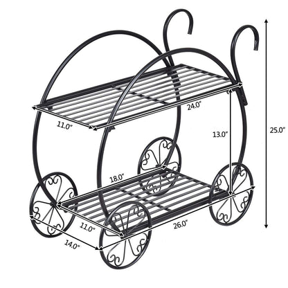 Giantex Garden Cart Metal Plant Stand with 4 Decorative Wheels, Succulent Collection Flower Pot Holder Display Shelf for Home Patio Garden Flower Shop, Parisian Style Plant Potted Rack (2-Tier)
