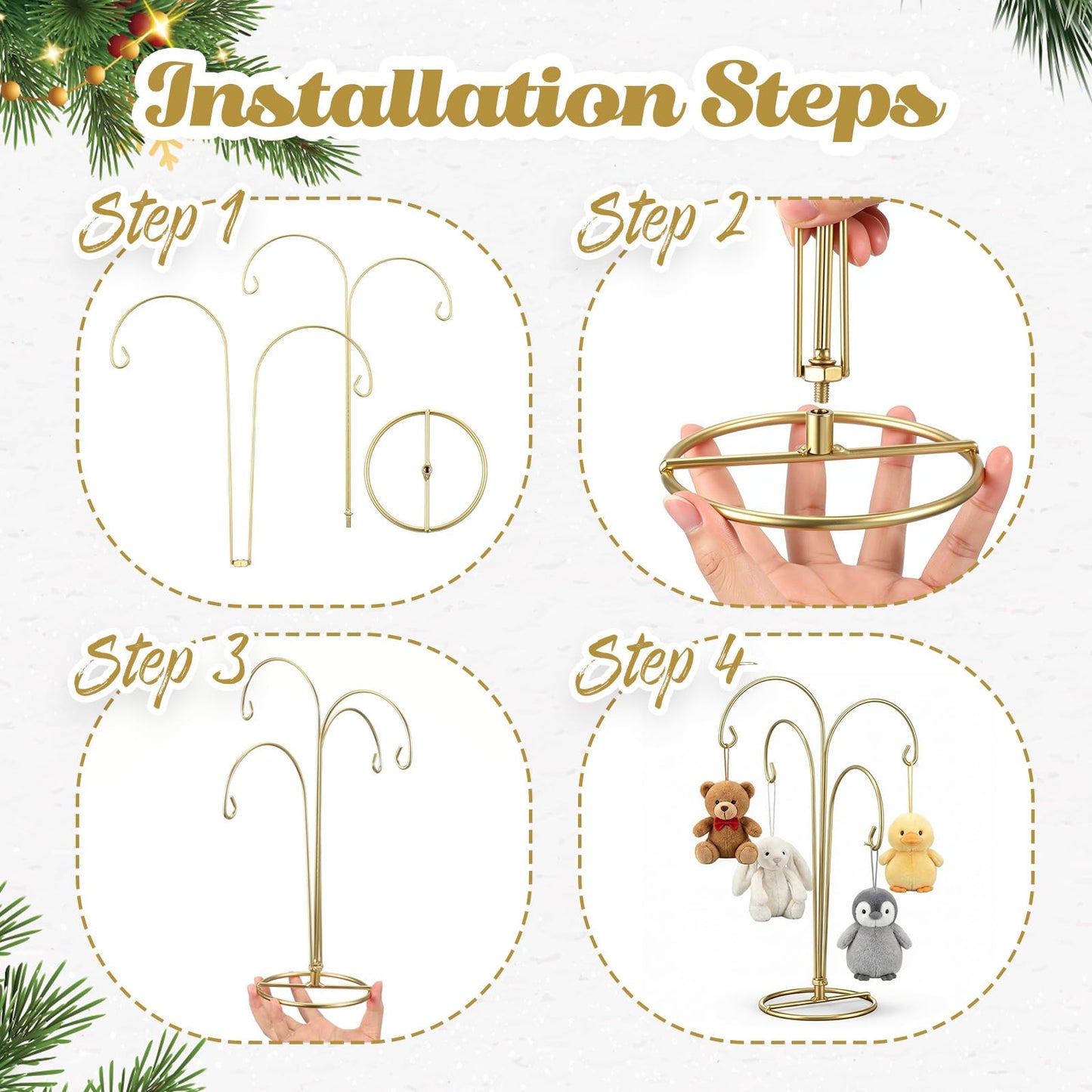 Otoolling 4 Arms Ornament Display Stand Holder 12 Inch Christmas Hanger Hook Dog Cat Glass Ball Bauble for Christmas Wedding Home Office Decoration (Gold)