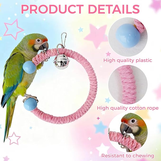 Colorful Circular Bird Swing,Bird Rope Chewing Toys Parrot Cage Bite Toys (Large Round Pink)