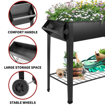 AURORAKI 32" Rolling Raised Garden Bed with Wheels, Heavy Duty Metal Elevated Planter Box, Outdoor Flower Cart Plant Stand, Raised Planter with Storage Shelf for Patio Balcony Backyard Growing