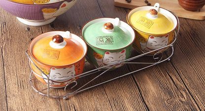 Ceramics Japanese Maneki Neko Lucky Cat Sugar Salt Pepper Storage Jar with Lid And Spoon