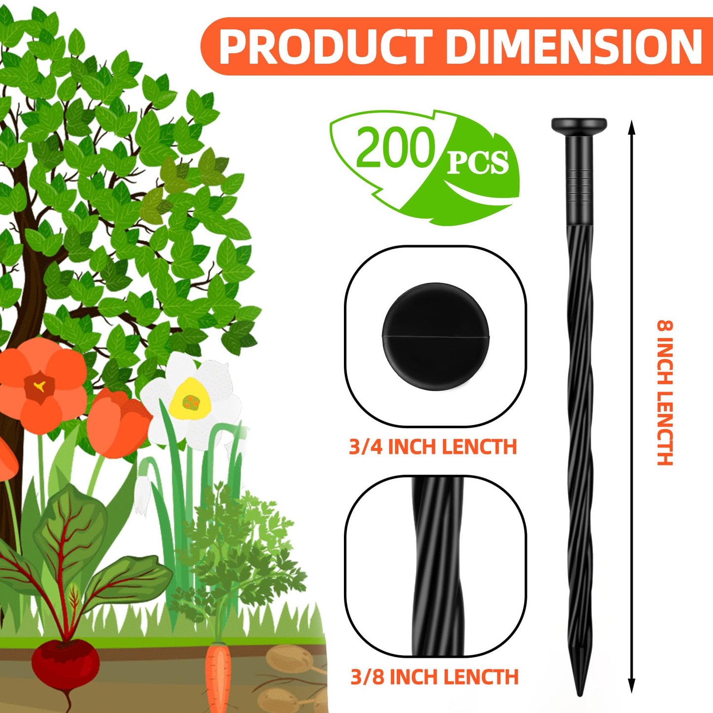 NEUERMOND 200 Count Plastic Landscape Edging Anchoring Stakes 8-Inch Garden Lawn Yard Landscaping Spikes for Paver Edging, Weed Barrier, Tent, Artificial Turf & More