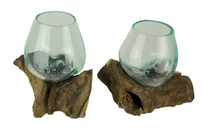 Zeckos Molten Glass On Teak Driftwood Decorative Bowl Vase Terrarium Planter Set of 2
