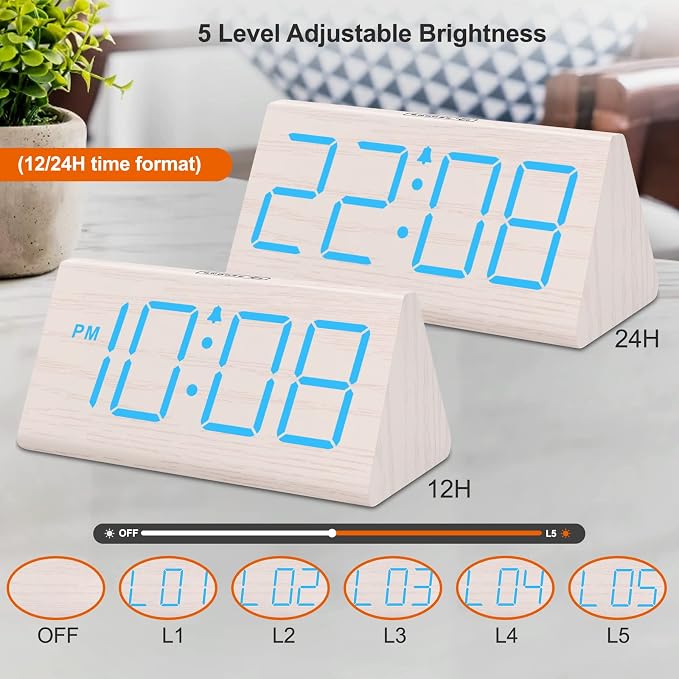 DreamSky Wooden Digital Alarm Clock for Bedrooms with Large Numbers | Electric Desk Clock, USB Port, Loud Alarm for Heavy Sleepers, Adjustable Volume, Dimmer, DST, Wood Décor Gifts, Plug in Clock