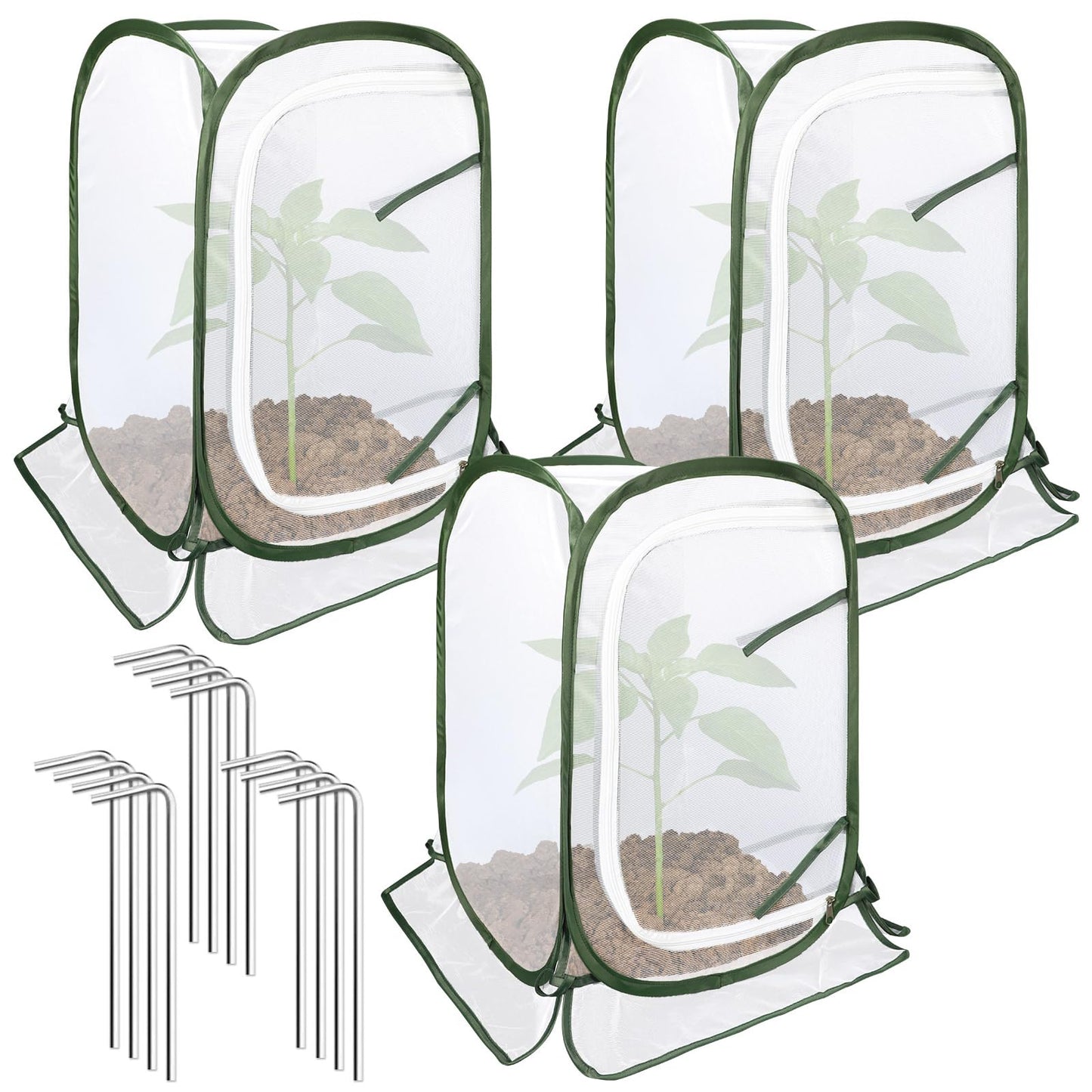 Augshy 3 Pack Pop Up Plant Covers Plant Protectors Tent Mesh Plant Protectors from Animals and Birds Garden Net Cage with Stakes for Protect Outdoor Plants Vegetables Flowers Shrubs 13"x13"x20"