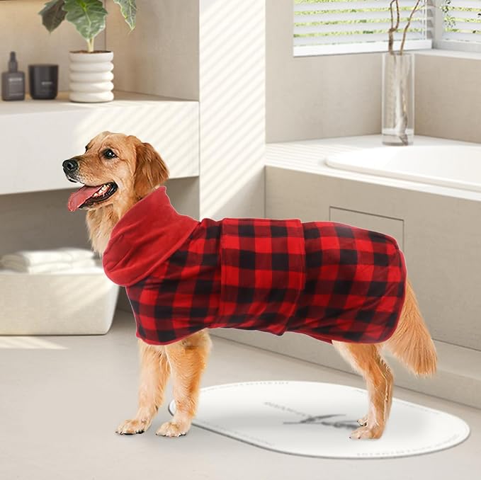 Geyecete Dog Drying Coat - Dog Bathrobe Towel - Microfibre Fast Drying Super Absorbent Pet Cat Bath Robe Towel, Luxuriously Soft - Red Black Grid - XXXL