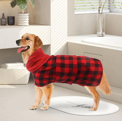Geyecete Dog Drying Coat - Dog Bathrobe Towel - Microfibre Fast Drying Super Absorbent Pet Cat Bath Robe Towel, Luxuriously Soft - Red Black Grid - XXXL