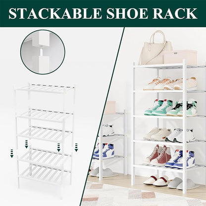 Smiry Small Bamboo Shoe Rack, 3 Tier Free Standing Wooden Shoe Organizer, Stackable Wood Shoe Storage Shelf for Closet, Entryway, 12 Vertical Slats, 2+1 Stack Standard Legs, 17.3"x11"x19.5", White
