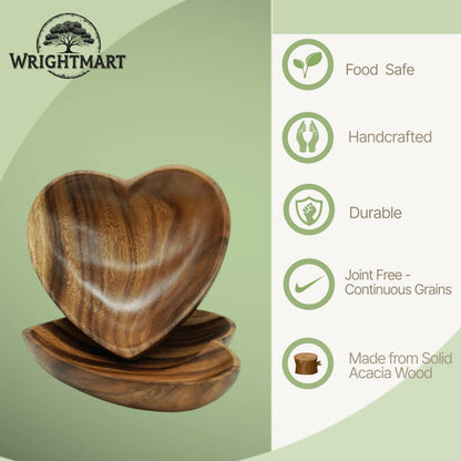 WRIGHTMART Handcrafted Acacia Wood Heart Bowl Set of 2 – Decorative Serving Bowls for Salad, Snacks, Jewelry, Candle Display – 10" & 8" Sizes