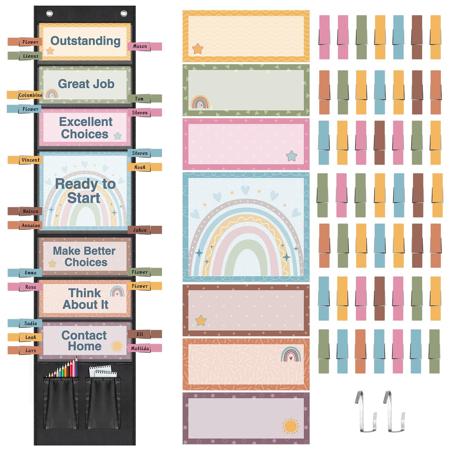 Pasimy 59 Pcs Student Behavior Clip Chart for Classroom Management Kids Track Reward Incentive Behavior Pocket Chart Boho Bulletin Board Teacher Supplies for School Office (Modern Boho)
