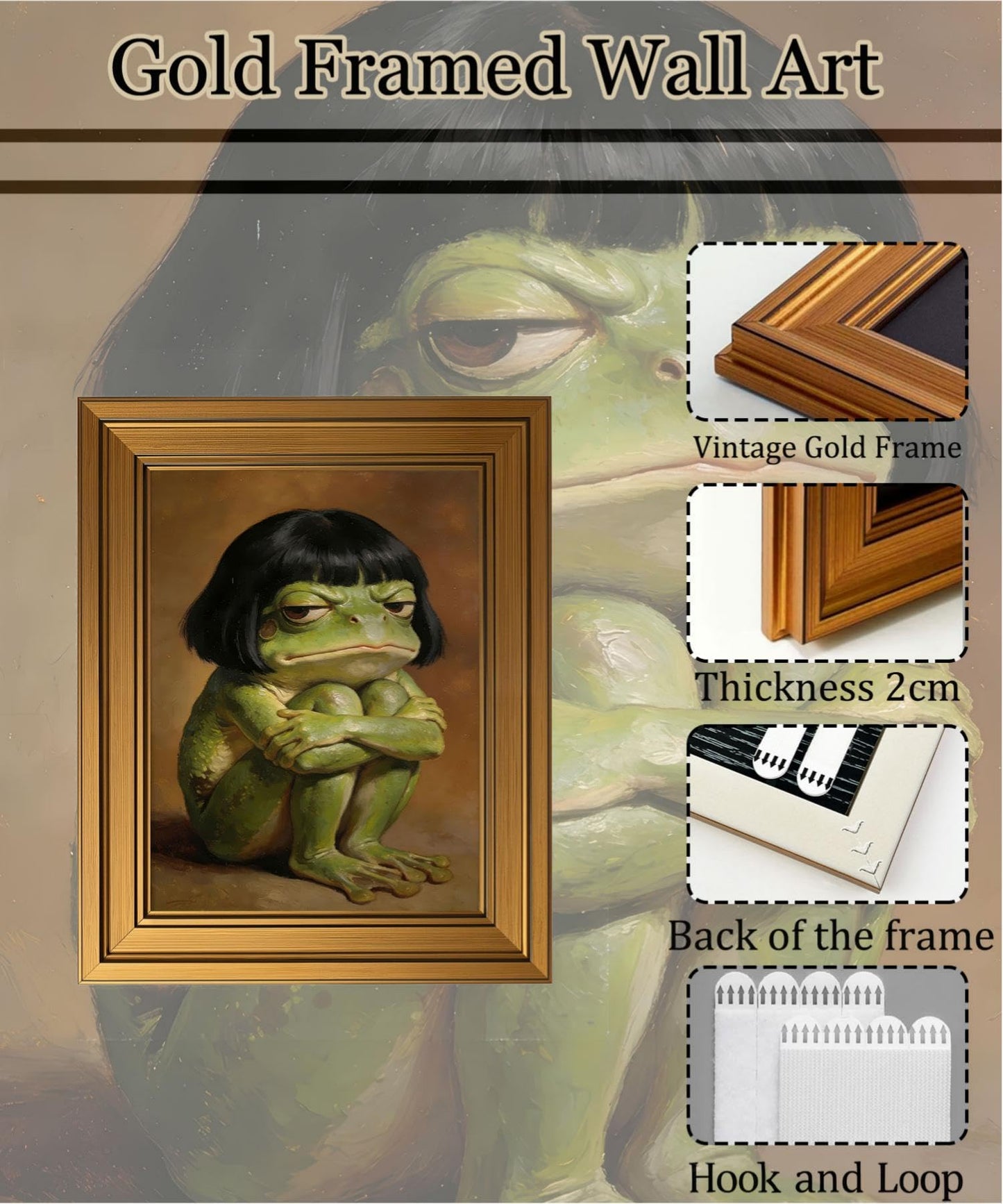 Gold Framed Wall Art, Funny Frog Canvas Prints – Whimsical Moody Frog Pictures Decor, Eclectic Cute Animal Artwork for Bedroom Living Room Dorm 9x11 inch