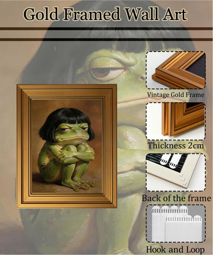 Gold Framed Wall Art, Funny Frog Canvas Prints – Whimsical Moody Frog Pictures Decor, Eclectic Cute Animal Artwork for Bedroom Living Room Dorm 9x11 inch