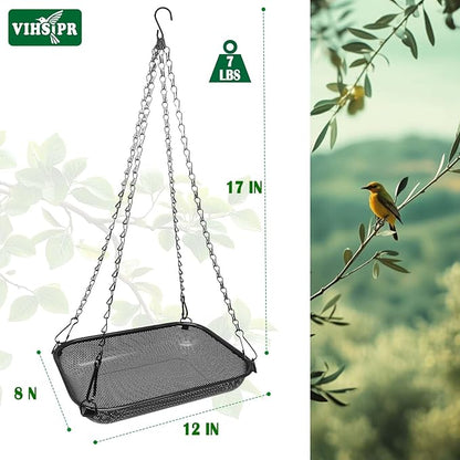 Hanging Bird Feeder for Outdoors – 12 x 8 in Rectangular Platform Bird Feeder, Metal Mesh Seed Tray for Wild Birds, Black