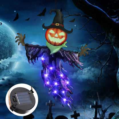 ILLUMINEW Solar Halloween Metal Hanging Decorations Outdoor, Solar Powered Lighted Metal Pumpkin with Glowing Eyes for Halloween Outdoor Tree, Wall, Porch, Patio Decor (Pumpkin-Purple)