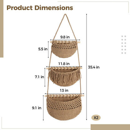 2 Pcs 3 Tier Hanging Fruit Basket for Kitchen - Natural Cotton Rope Wall Storage Baskets, 35.4 Inch Long Hanging Produce Organizer, Decorative Bohemian Style Kitchen Decor