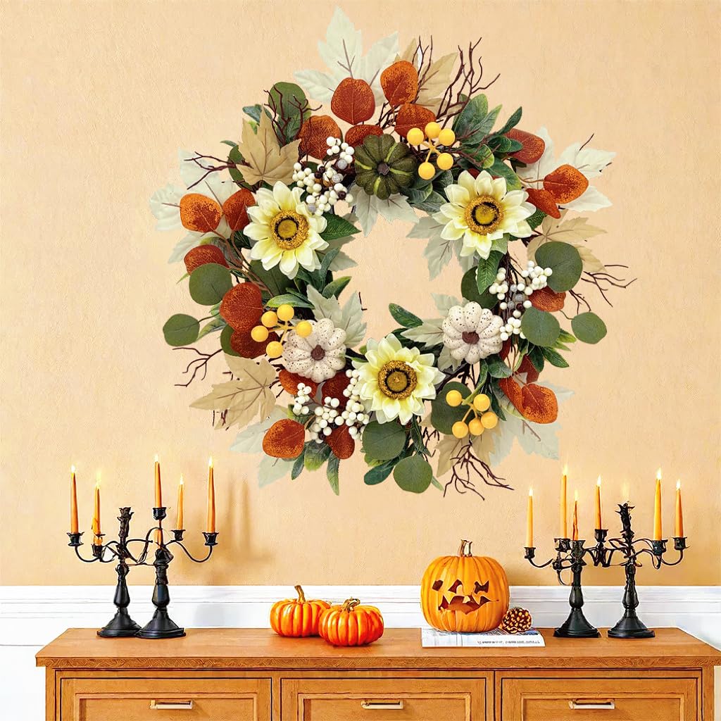 20 Inch Fall Sunflower Wreath for Front Door, Artificial Autumn Wreath with Pumpkins, Berries, White Sunflowers and Silk Leaves for Thanksgiving Farmhouse Home Window Wall Office Indoor Outdoor Decor