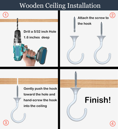 Evsteluo 4 Sets Heavy Duty Swag Ceiling Hooks with Hardware for Hanging Plants, Cavity Wall Fixing, Easy Installation, Holds Up to 30lbs, Ideal for Home & Garden (4 Sets, White)
