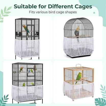 White Bird Cage Seed Catcher, Universal Bird Cage Seed Catcher Adjustable Soft Airy Nylon Mesh Net Lightweight Mesh Skirt for Parrot Cages Stops Scatter Round Square Cages