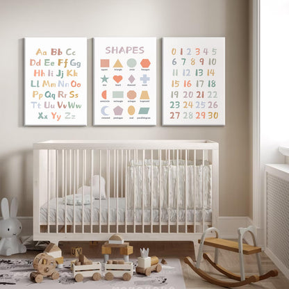 Kids Playroom Wall Art Decor Nursery ABC Alphabet Poster Play Room Canvas Wall Decor Toddler Childrens Educational Artwork Numbers Shapes Prints ABC Picture for Playroom 12x16 Inch Ready to Hang 3Pcs
