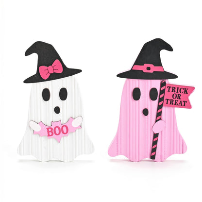 Valery Madelyn Pink Halloween Decorations, Set of 2 Cute Halloween Ghost Decor, Witch Hat Boo & Trick or Treat Wooden Tabletop Signs for Home, Shelf, Tiered Tray Party Display, 7 Inch