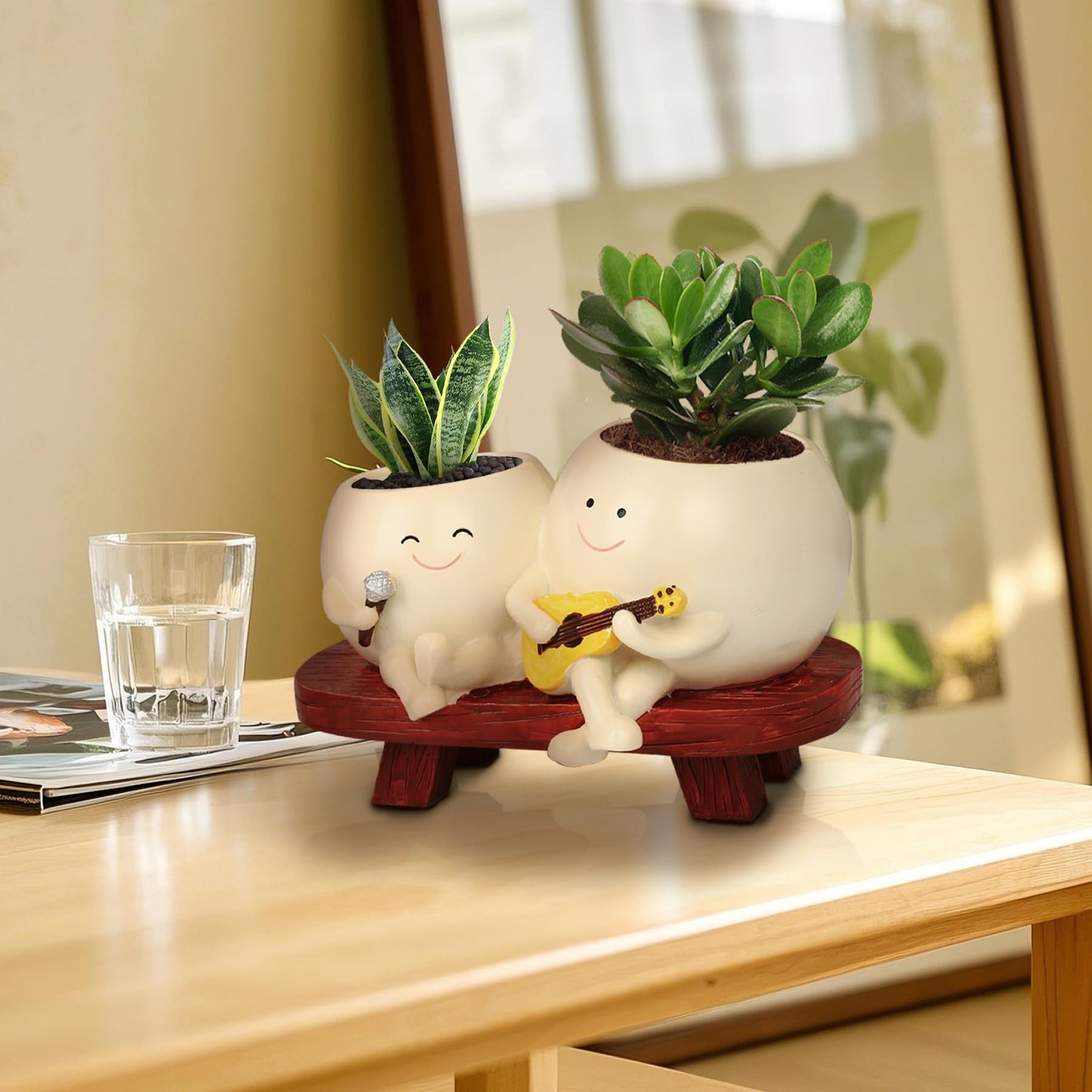 Xeerrfan Double Smiley Face Planter, Cute Face Band Head Planter Pot with Drainage Hole, Small Plower Pots for Indoor/Outdoor Plants Succulent, Funny Gift for Birthday