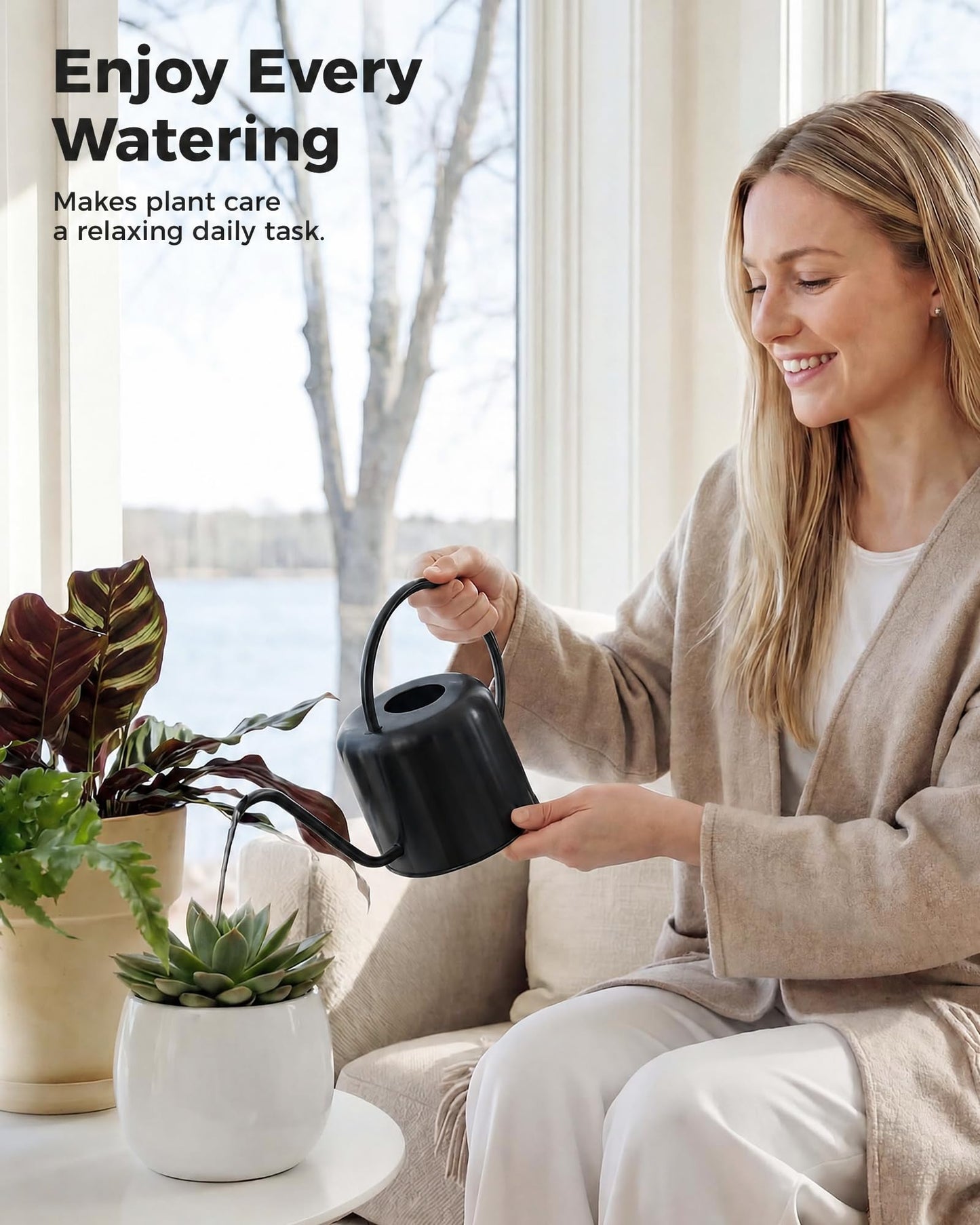 Bamworld Metal Watering Can Indoor Plants 1L 33oz Black Stainless Steel Watering Can with Long Spout for House Potted Plants Succulents Bonsai Garden Flowers