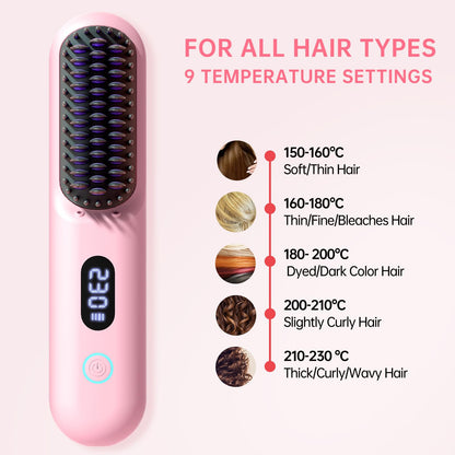 Cordless Hair Straightener Brush-Portable Straightening Comb, 9600mAh Batt, Plasma Tech, 9 Temp-Settings & LED Display, for Travel & Home(Pink)