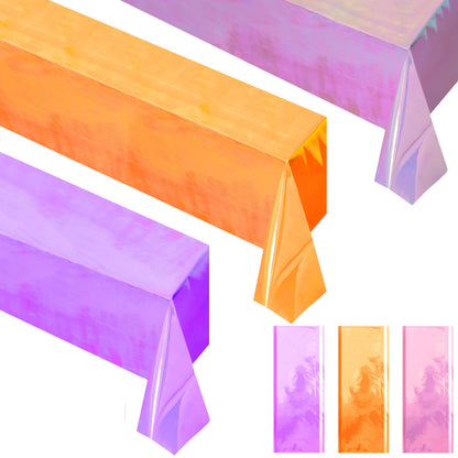 3 pcs Orange & Purple & Pink Iridescence Tablecloth, 40x108“ Disposable Shiny Laser Table Cloth, Glitter Plastic Tablecloths, Holographic Iridescent Table Cover for Halloween Party Decoration, Wedding