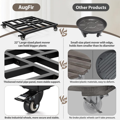 AugFir 22" Plant Caddy with Wheels Heavy Duty, 600lbs Rolling Metal Plant Stand, Square Plant Dolly with Lockable Caster Wheels for Large Planter Pots, Heavy Objects, Ideal for Indoor and Outdoor Use