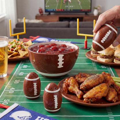 CimoroWin 4 Pcs Football Serving Set Ceramic Bowl Salt & Pepper Shakers And Stainless Steel Spreader for Football Fever Season Sport Lover Party Home Kitchen Dining Table Decoration