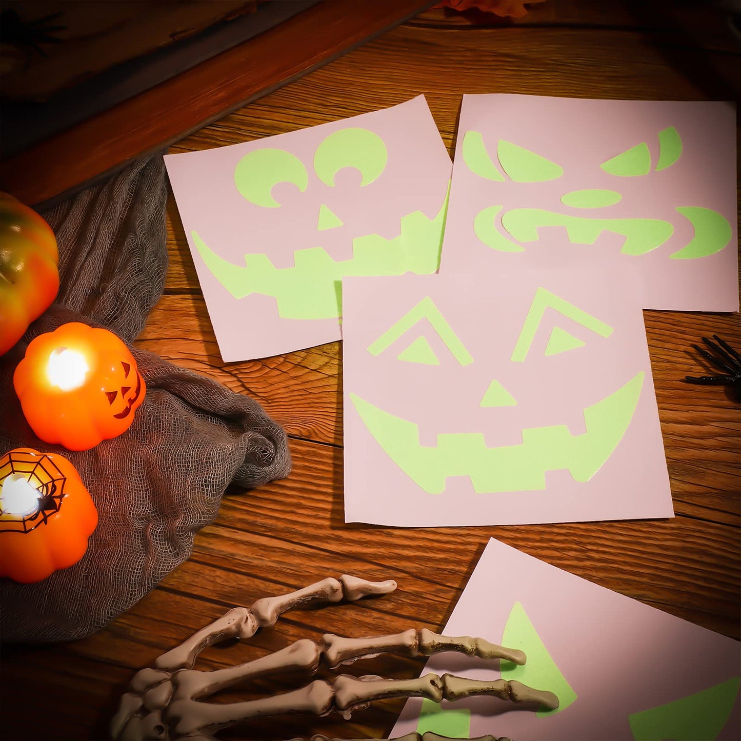 16 Pieces Halloween Luminous Pumpkin Sticker Fluorescent Green Decals Sticker Glow in The Dark Window Wall Door Stickers Decorating Craft Kits for Halloween Party Decorations Supplies