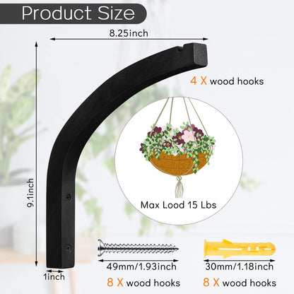 Juexica 4 Pcs Plant Hanger Wooden, 8 Inch Hanging Plant Hooks for Indoors and Outdoor, Wall Mounted Hanging Hook Brackets for Planters Lanterns Wind Chimes and Bird Feeders Patio Decor(Black)