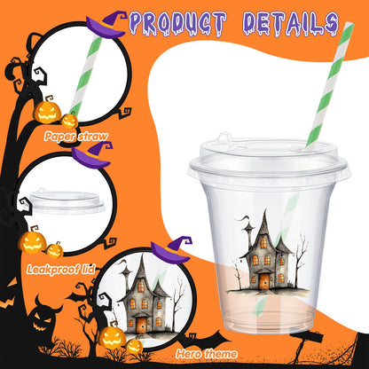 FoldTier 60 Set Halloween Plastic Cups with Lids14 oz Disposable Clear Cups and Paper Straws for Halloween Decorations Party Favor Supplies