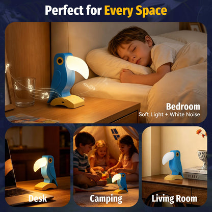 Aokpsrt Rechargeable Toucan Night Light with White Noise, Bird Table Lamp with RGB Mood Lighting, 3-Level Dimmable Warm Light, USB Bedside Lamp for Bedroom, Desk, Shelf, Blue