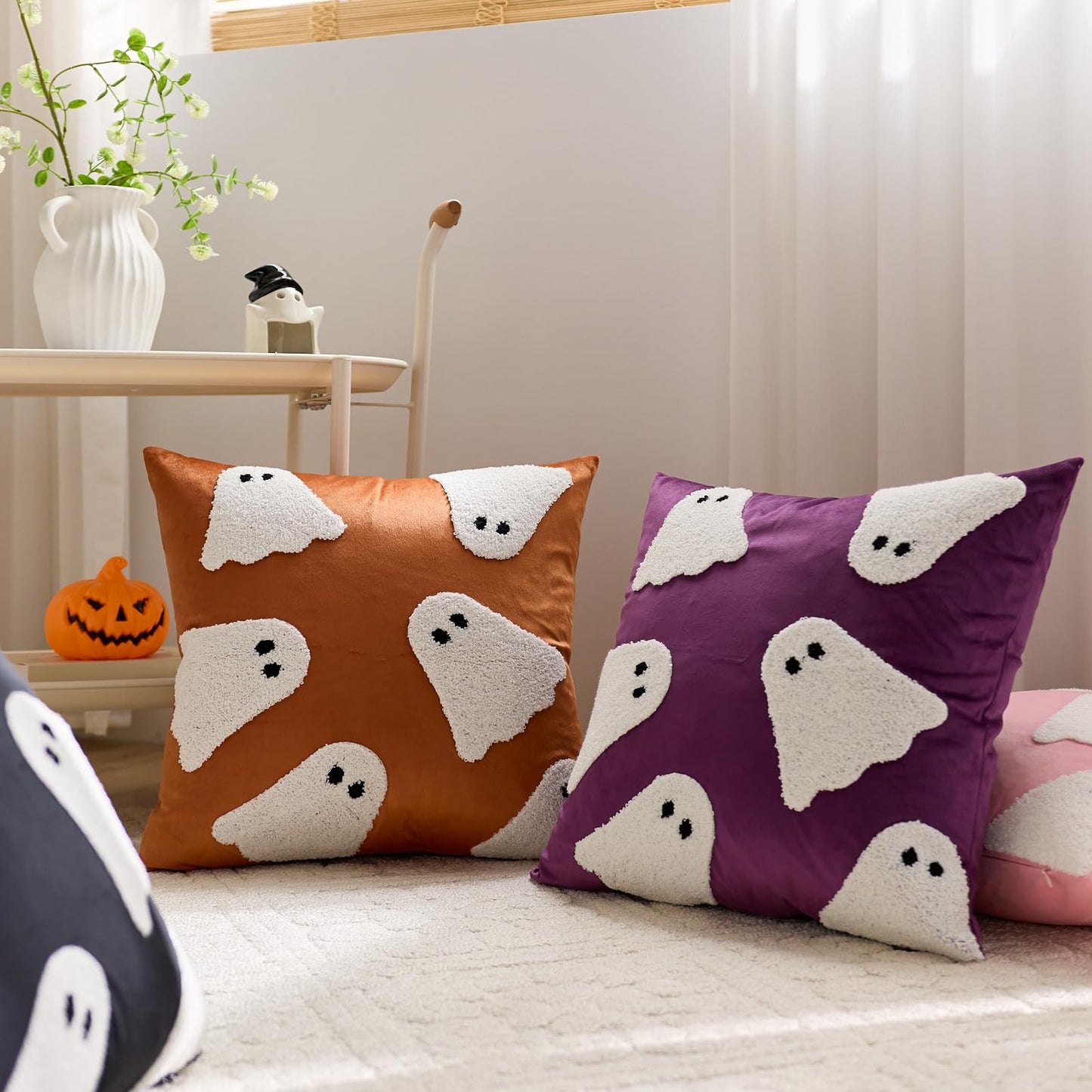 MAZSHTTD Halloween Pillow Covers 20x20 Inch Set of 2 Embroidery Ghost Throw Pillow Covers Indoor Outdoor Decorative Cushion Cases for Sofa Couch Bed Living Room Halloween Decoration Orange