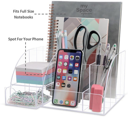 My Space Organizers Clear Acrylic Desk Oganizer, 9 Compartments, Office Supplies and Desk Accessories Organizer, Home Decor Desktop Organizer (Clear)
