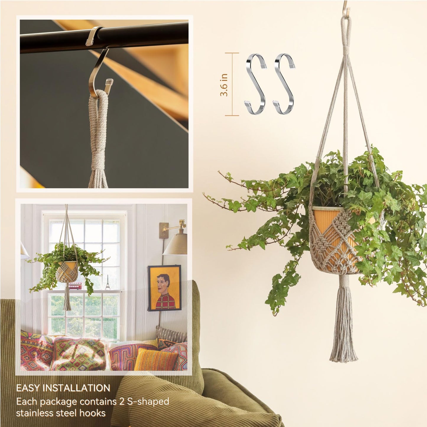 XINBOR Hanging Planter with Patterns,2Packs Macrame Plant Hangers Indoor Macrame for up to 8 inch Pot Crochet Boho Plant Hanger Holder for Indoor Outdoor with 2S Shaped Stainless Steel Hooks (Gray)