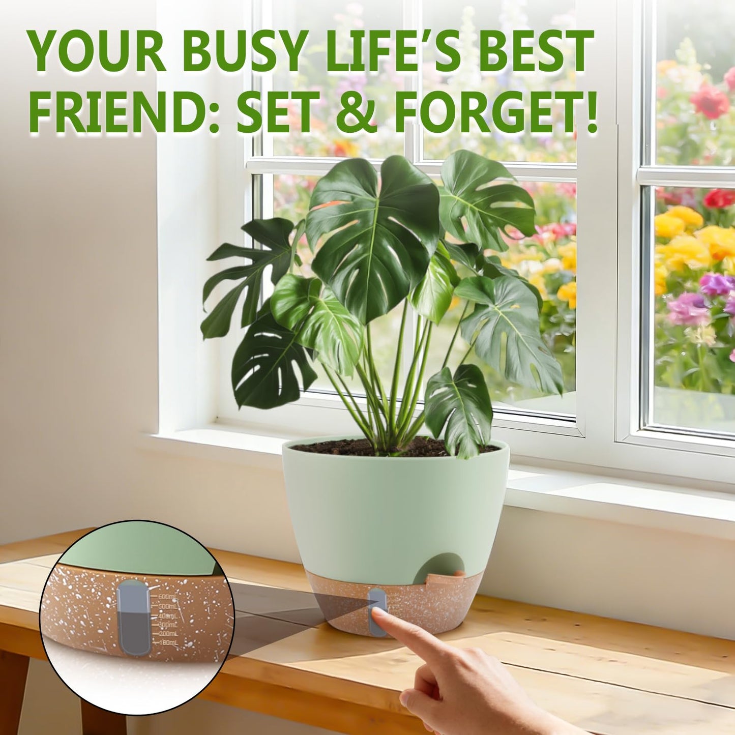 QRRICA Plant Pots 10/9/8/7.5/7 Inch Self Watering Pots, with Drainage Holes and Saucers,Water Level Indicator & Deep Reservoir,Large Plastic Planter for Indoor Out Door Plants (Green)