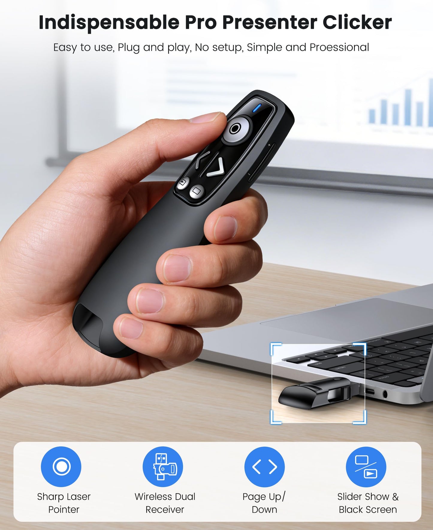 Presentation Clicker with USB-A & USB-C Receiver, 2.4GHz Wireless Presenter Remote with Volume Control & Red Light Pointer, Clicker for PowerPoint Slides Slide Advancer for Mac Computer, Plug & Play