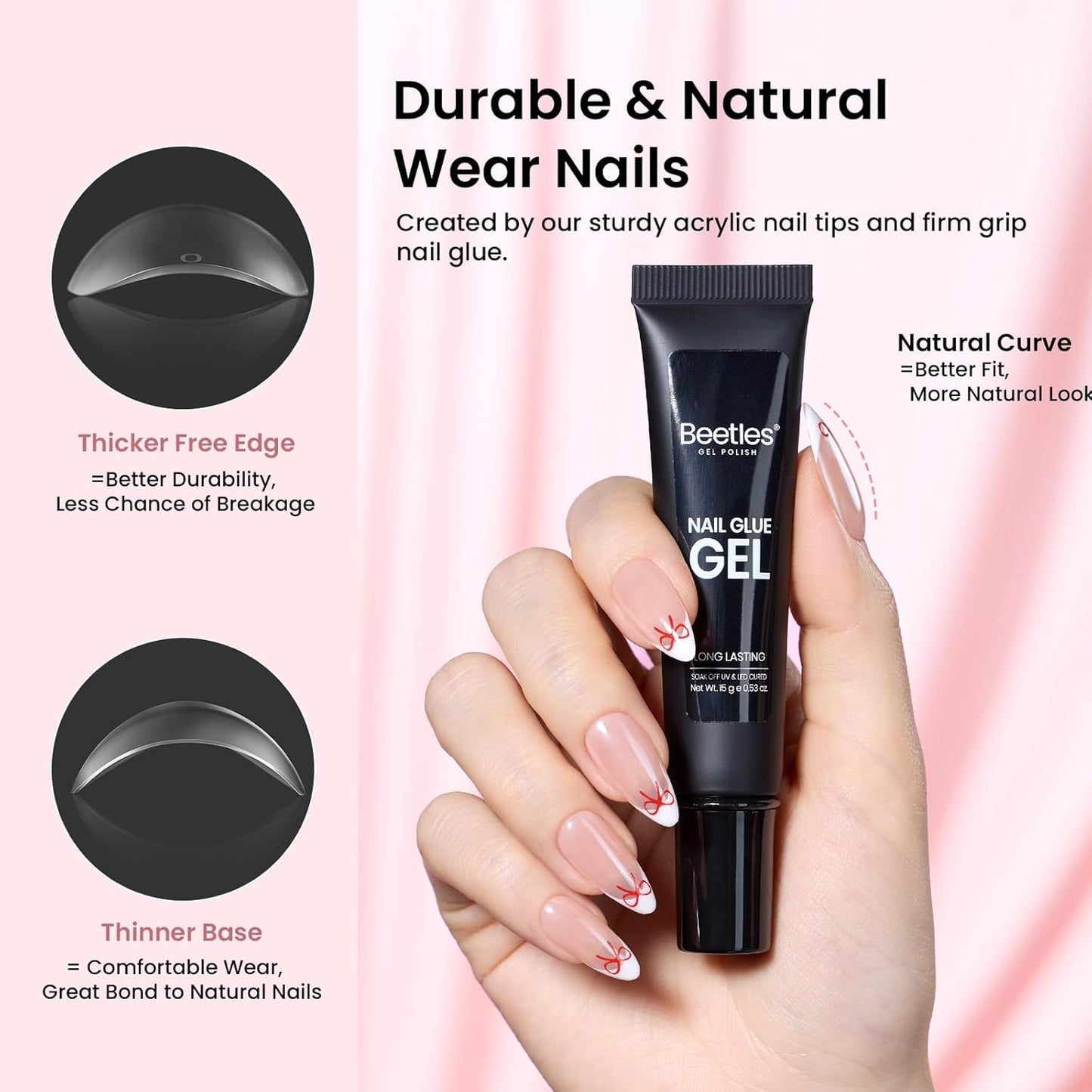 Beetles Gel Nail Kit Short Almond with Nail Dehydrator and Primer, 576Pcs Half Matte Etch-X Gel Nail Tips Solid Nail Glue Mini Nail Lamp Acrylic Nail Tips Easy DIY Nail Extension Set Gift for Women