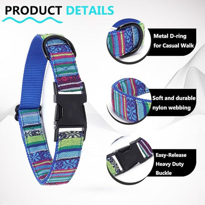 Dog Collar and Leash Set for Dogs Walking Bohemia Ethnic Style | Soft Durable Nylon Adjustable Collar with Metal Buckle 5ft Matching Leash with Padded Handle for Small Medium Large Dogs