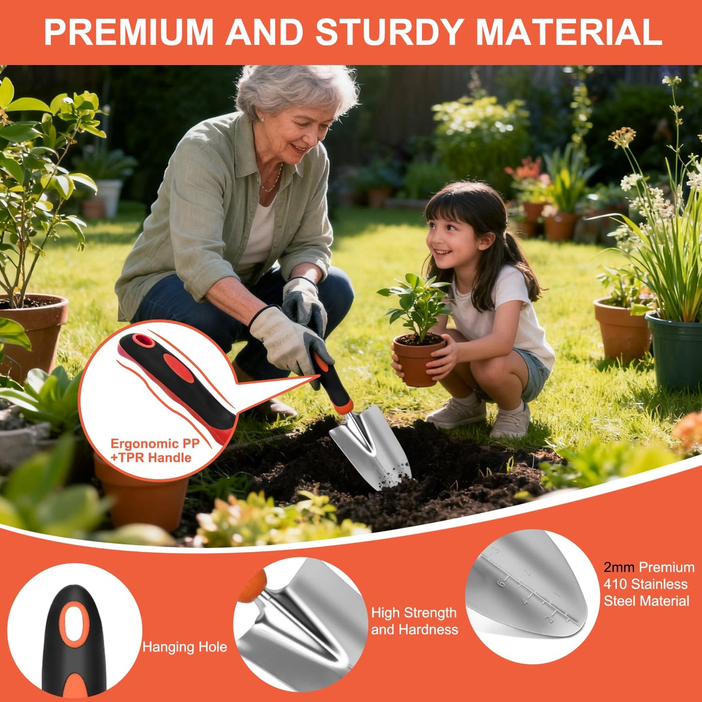 Yesker Gardening Tools 7-Piece Heavy Duty Garden Tool Set Gardening Supplies Gifts for Women Men Gardening Hand Tool Kit with Non-Slip Ergonomic Handle, Garden Bag, Pruning Shears, Black Orange