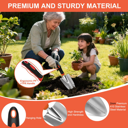Yesker Gardening Tools 7-Piece Heavy Duty Garden Tool Set Gardening Supplies Gifts for Women Men Gardening Hand Tool Kit with Non-Slip Ergonomic Handle, Garden Bag, Pruning Shears, Black Orange