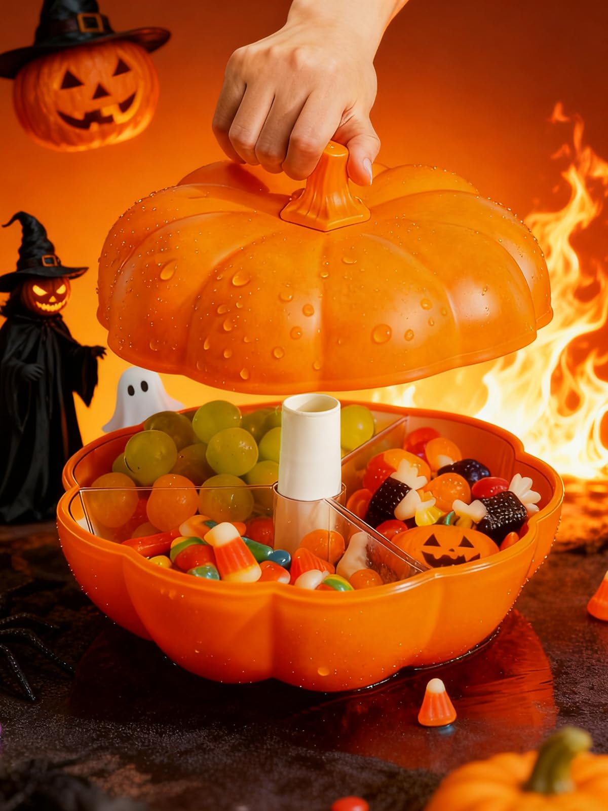 LivLab Mker Pumpkin Christmas candy bowl - Divided Serving Tray with lid for Halloween Candy, Treats & Snacks -autumn Gifts & Decor